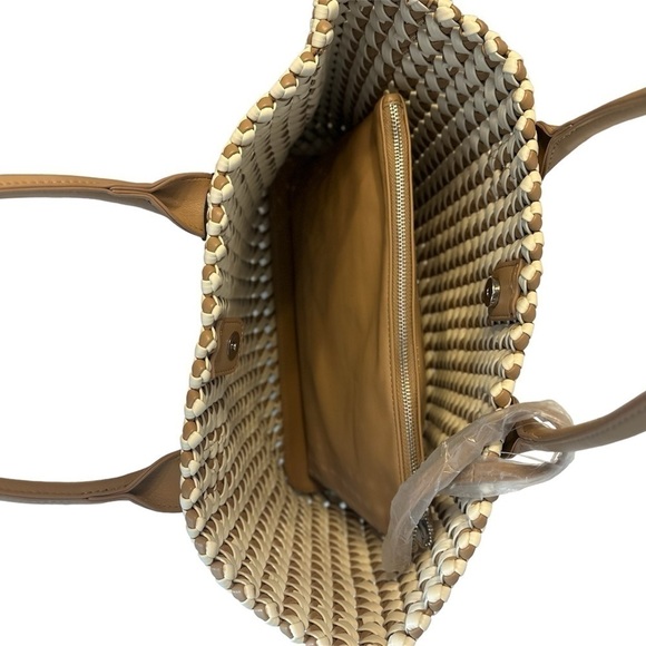 Sincerely Jules Brown & White Woven Vegan Leather Tote W Large Pouch(D243) - Picture 7 of 8